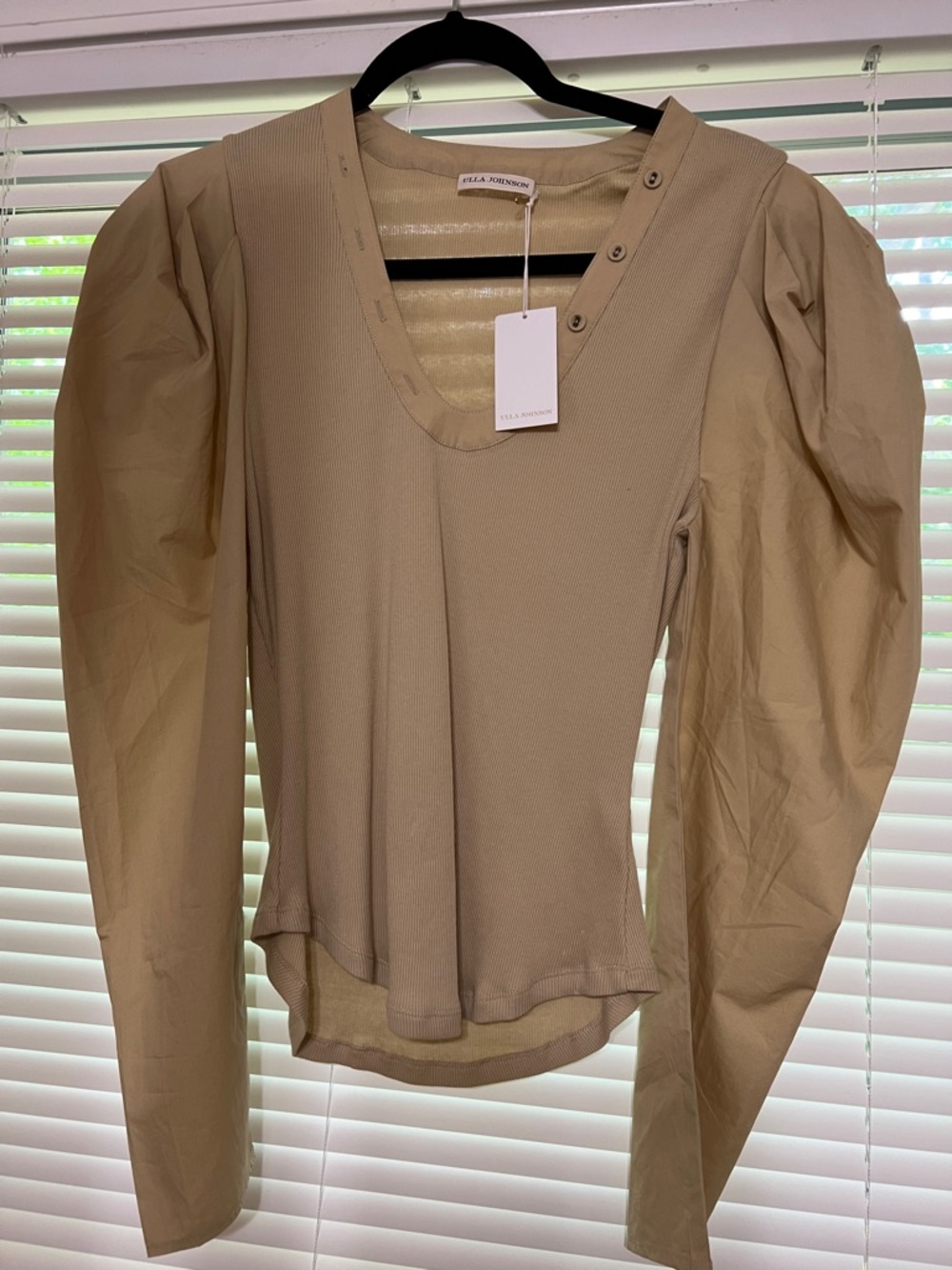 Ulla Johnson Beige Puff-Sleeve V-Neck Long Sleeve Top